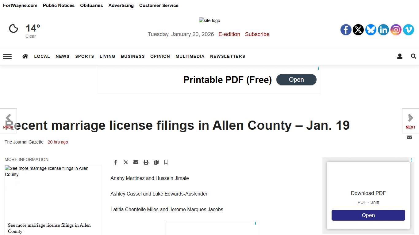 Recent marriage license filings in Allen County – Jan. 19 | Marriage License Filings | journalgazette.net